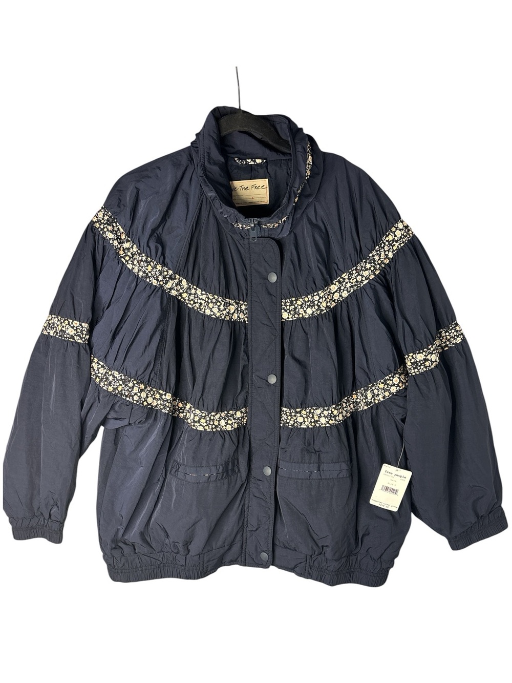 Free People Navy Puff Jacket with Floral Trim